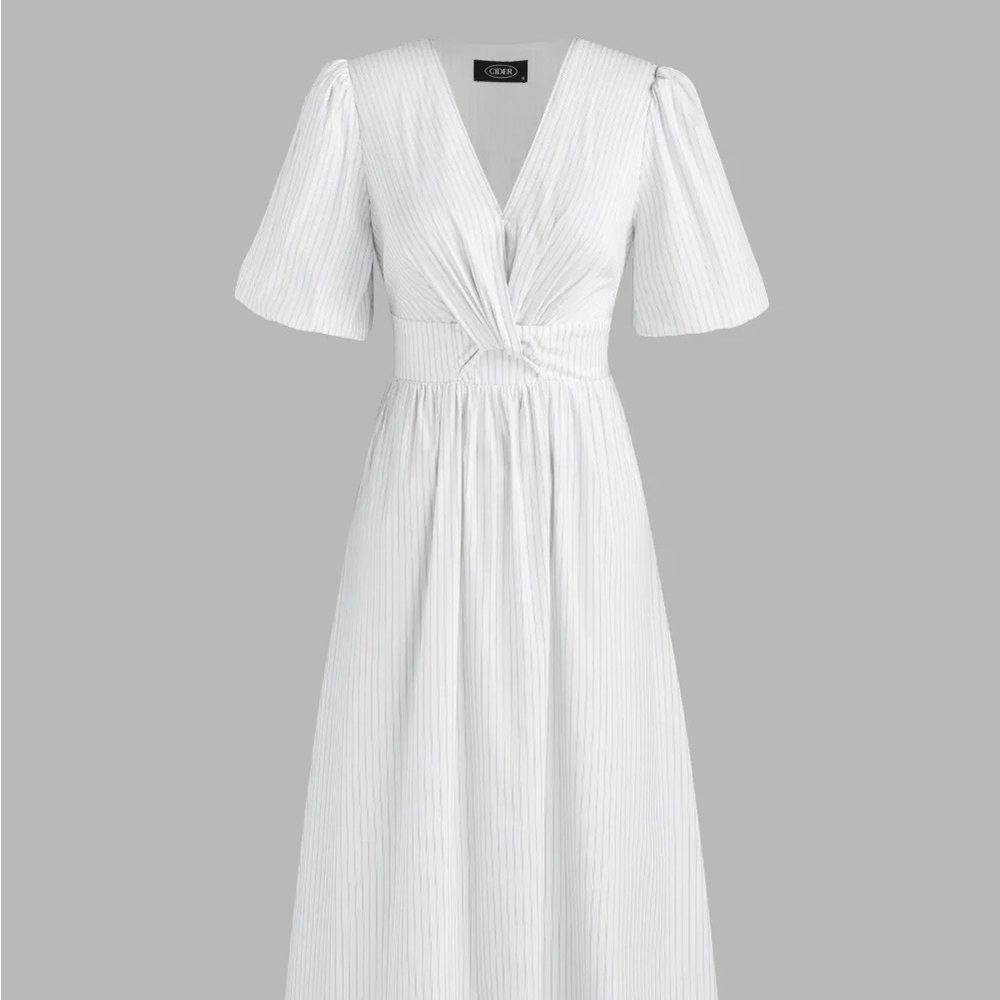 V-NECK STRIPED TWIST MIDI DRESS shop cider